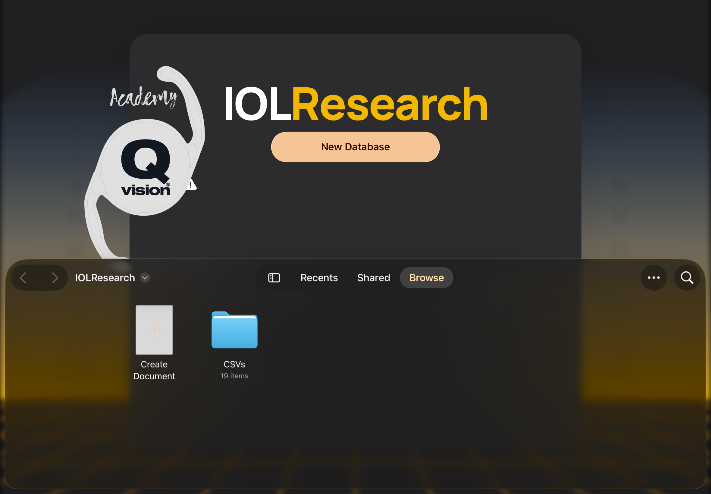 IOLResearch New Database screen with the iPad document browser