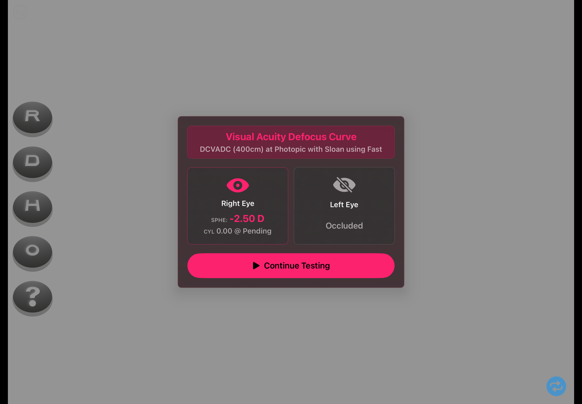 Visual acuity defocus curve ready screen showing eye and correction